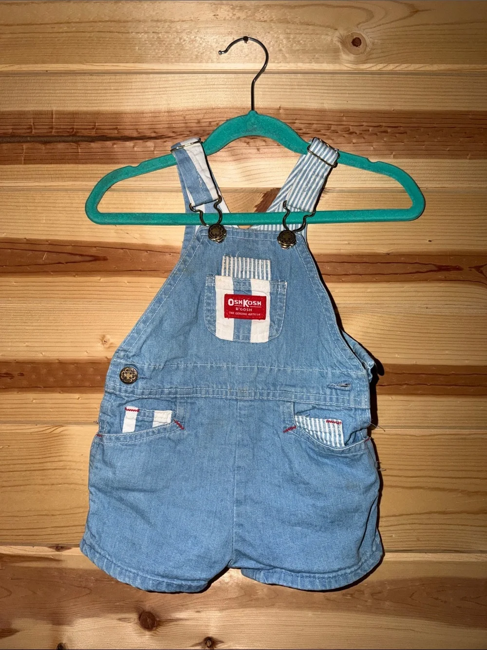 Vintage OshKosh B'gosh Light Blue Denim Shortalls with Striped Strap Details